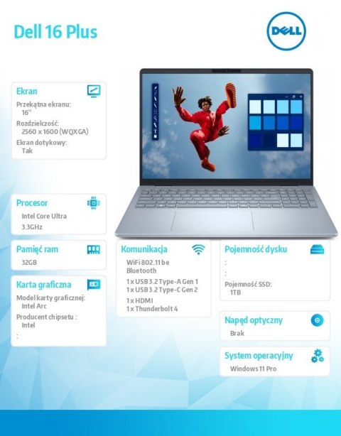 Notebook Dell 16 Plus DB16250 Win11Pro Ultra 9 288V/32GB/1TB/16.0 2.5K/Arc/FgrPr/WLAN + BT/Backlit Kb/4 Cell/3Y ProSupport
