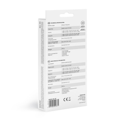 Powerbank bezprzewodowy 10000 mAh, BA-09 Powerbank bezprzewodowy 10000 mAh, BA-09