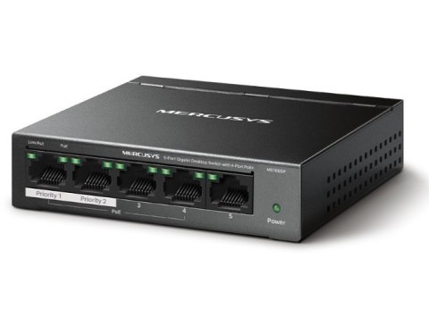 Przełącznik Mercusys 5-Port Gigabit Desktop Switch with 4-Port PoE+ PORT: 4× Gigabit PoE+ Ports, 1× Gigabit Non-PoE Por