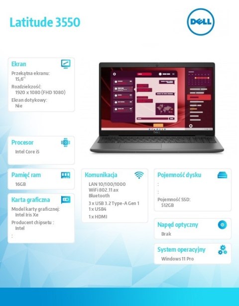 BUNDLE Laptop Latitude 3550 W11P i5-1335U/16GB/512GB/15.6 FHD/INT/FgrPr/FHD/IR Cam/Mic/WLAN+BT/BcklKb/3C/3YPS + WL Keyboard and 