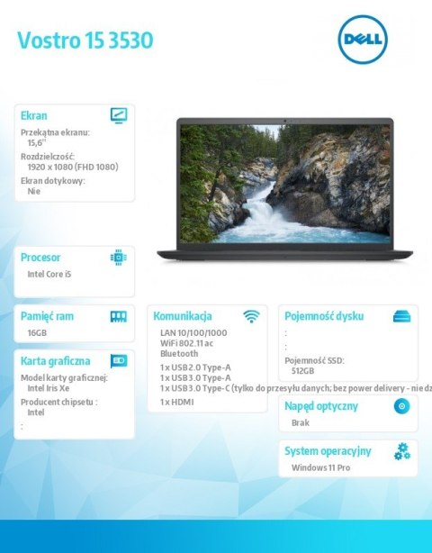 BUNDLE Laptop Vostro 15 (3530) W11P i5-1334U/16GB/512GB/15.6 FHD/Iris Xe/FgrPr/FHD Cam/Mic/WLAN+BT/BcklKb/3C/3YPS + Backpack 14-