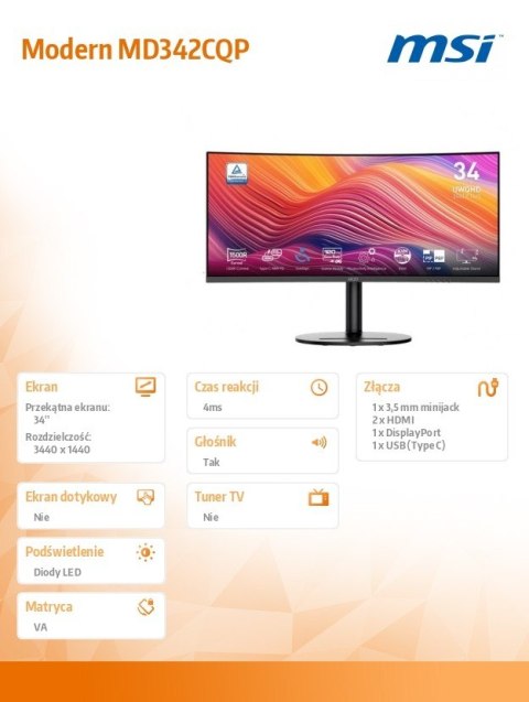 Monitor Modern MD342CQP 34 cale LED/UWQHD/Curve/120Hz/Black Monitor Modern MD342CQP 34 cale LED/UWQHD/Curve/120Hz/Black