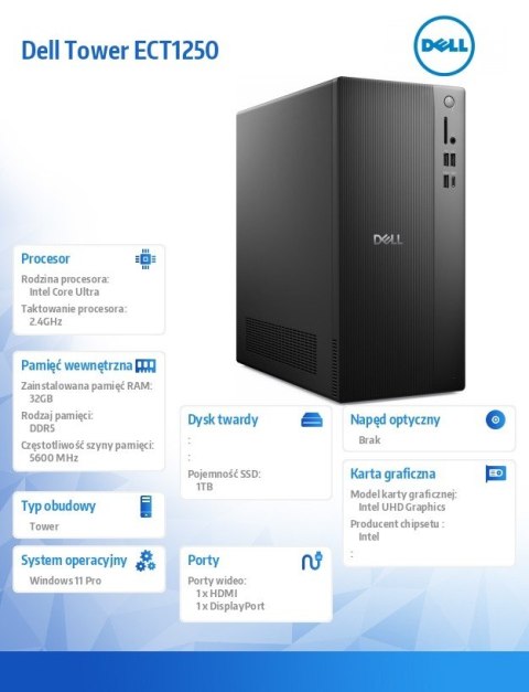 Komputer Dell Tower ECT1250 Win11Pro U7 265/32GB/1TB SSD/UHD/WLAN + BT/Wireless Kb & Mouse/3YPS