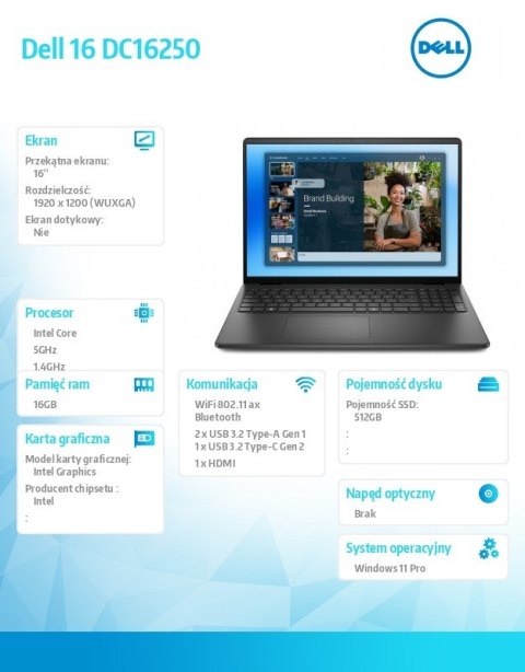 Laptop Dell 16 DC16250 W11P C5 120U/16GB/512GB/16.0 FHD+/Int/FgrPr/WLAN + BT/Backlit Kb/3 Cell/3YPS Carbon Black