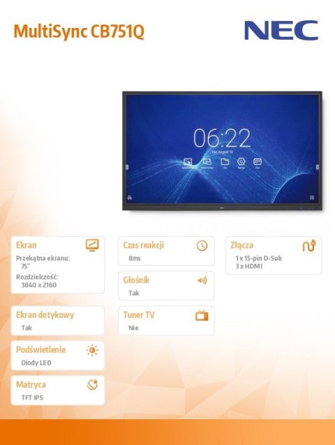Monitor 75 cali MultiSync CB751Q IPS 350cd/m2 3840x2160 1200:1
