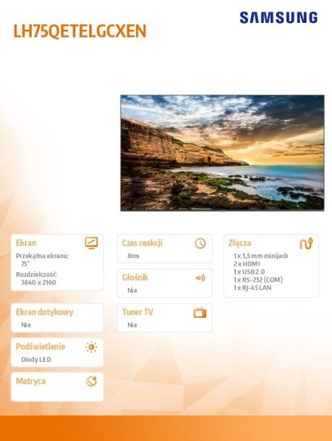 Monitor profesjonalny QE75T 75 cali Błyszczący 16h/7 300(cd/m2) 3840x2160 (UHD) Lite Player (only) 3 lata On-Site (LH75QETEPGC Monitor profesjonalny QE75T 75 cali Błyszczący 16h/7 300(cd/m2) 3840x2160 (UHD) Lite Player (only) 3 lata On-Site (LH75QETEPGC