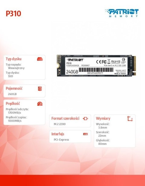 Dysk SSD P310 240GB M.2 2280 1700/1000 PCIe NVMe Gen3 x 4 Dysk SSD P310 240GB M.2 2280 1700/1000 PCIe NVMe Gen3 x 4