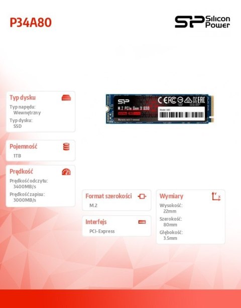 Dysk SSD P34A80 1TB PCIe M.2 NVMe 3400/3000 MB/s Dysk SSD P34A80 1TB PCIe M.2 NVMe 3400/3000 MB/s