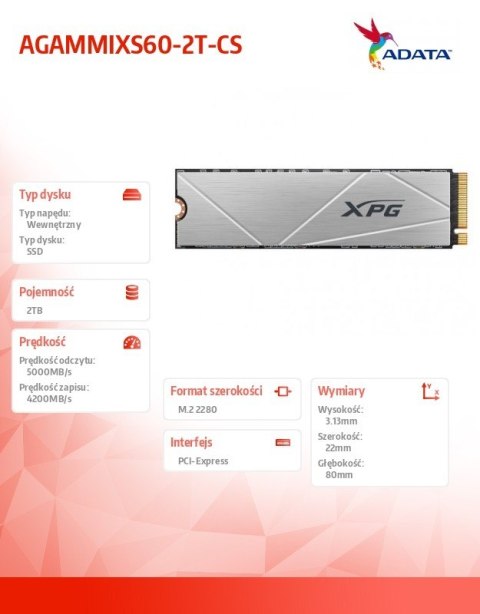 Dysk SSD XPG S60 2TB PCIe 4x4 5/4.2GB/s M2