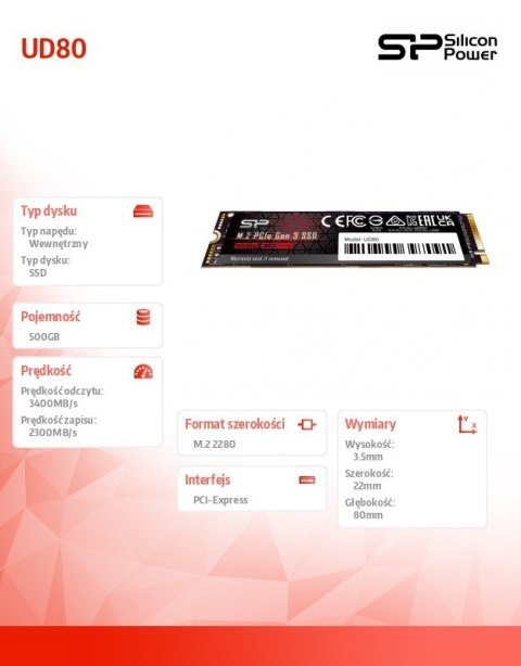 Dysk SSD UD80 500GB PCIe M.2 2280 Gen 3x4 3400/2300 MB/s Dysk SSD UD80 500GB PCIe M.2 2280 Gen 3x4 3400/2300 MB/s