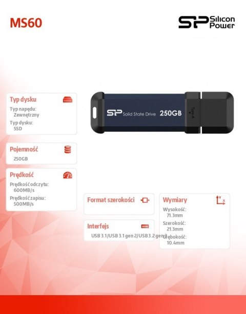 Dysk zewnętrzny SSD MS60 250GB USB 3.2 600/500MB/s Dysk zewnętrzny SSD MS60 250GB USB 3.2 600/500MB/s