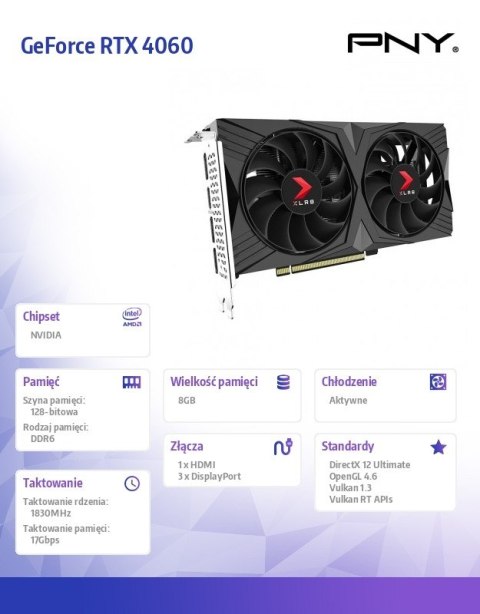 Karta graficzna GeForce RTX 4060 8GB OC VERTO DUAL FAN DLSS 3 Karta graficzna GeForce RTX 4060 8GB OC VERTO DUAL FAN DLSS 3
