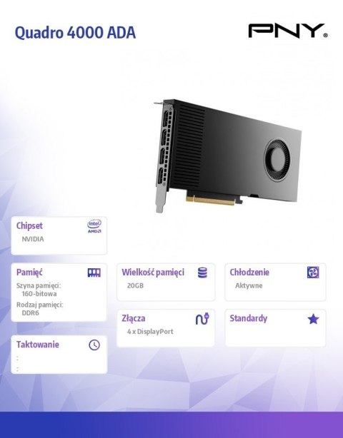 Karta graficzna Quadro 4000 ADA GENERAT ION 20GB GDDR6 VCNRTX4000ADA-SB Karta graficzna Quadro 4000 ADA GENERAT ION 20GB GDDR6 VCNRTX4000ADA-SB