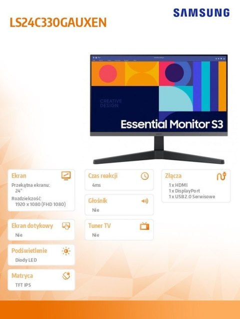 Monitor 24 cale LS24C330GAUXEN IPS 1920x1080 FHD 16:9 1xHDMI 1xDP 4ms(GT) 100Hz płaski 2 lata d2d Monitor 24 cale LS24C330GAUXEN IPS 1920x1080 FHD 16:9 1xHDMI 1xDP 4ms(GT) 100Hz płaski 2 lata d2d
