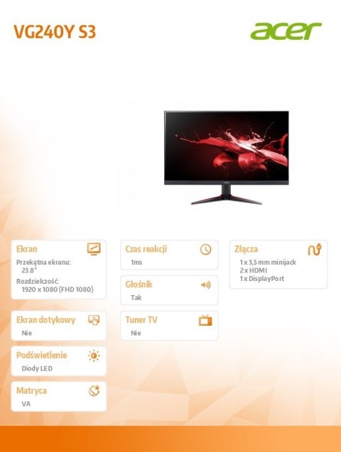 Monitor 24 cale Nitro VG240YS3BMIIPX VA 180Hz VGA HDMIx2 GŁOŚNIK 1MS/250cd/m2/1000:1/100X100