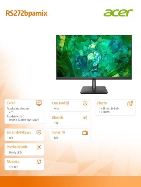 Monitor 27 cali VERO RS272bpamix IPS 4ms/250cd/m2 D-SUB HDMI Głośnik Monitor 27 cali VERO RS272bpamix IPS 4ms/250cd/m2 D-SUB HDMI Głośnik