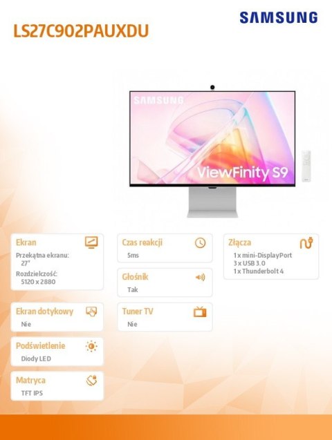 Monitor 27 cali Viewfinity S90PC IPS 5120x2880 5K/UHD+ 16:9 1xminiDP 1xTB4.0 (90W/15W) 3xUSB3.0 WiFi/BT 5ms 60 Hz HAS+PIV gł. pł