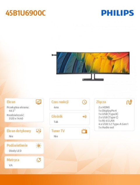 Monitor 45 cali 45B1U6900C VA Curved HDMIx2 DP USB-C HDR KVR HAS Głośniki Monitor 45 cali 45B1U6900C VA Curved HDMIx2 DP USB-C HDR KVR HAS Głośniki
