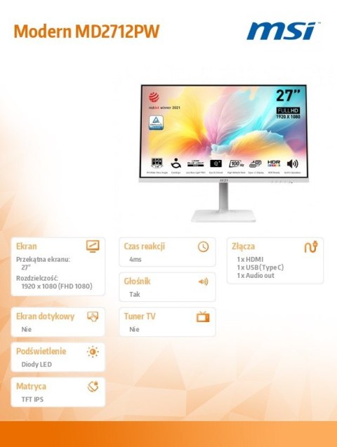 Monitor Modern MD2712PW 27 cali IPS/FHD/100Hz/4ms/Biały Monitor Modern MD2712PW 27 cali IPS/FHD/100Hz/4ms/Biały