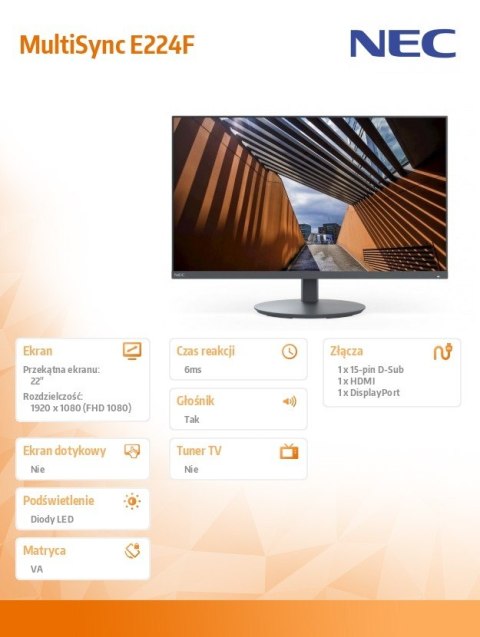 Monitor MultiSync E224F czarny 22 cale DP HDMI Monitor MultiSync E224F czarny 22 cale DP HDMI