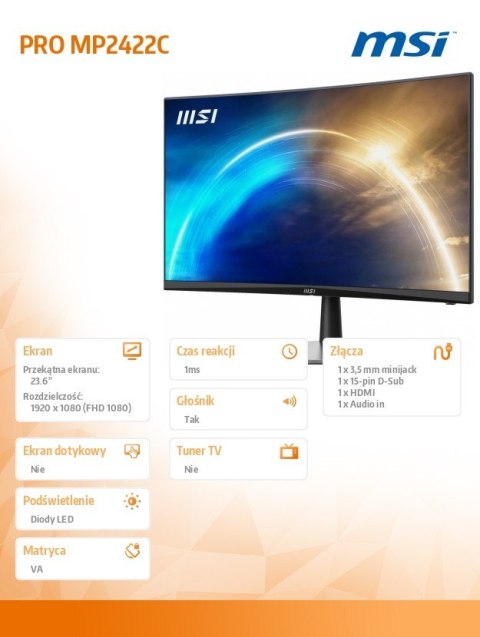 Monitor PRO MP2422C 23.6 cala VA/FHD/1ms/100Hz/Zakrzywiony