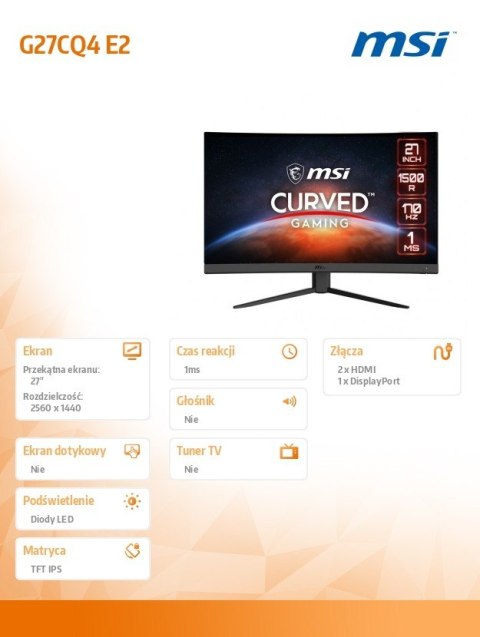 Monitor gamingowy 27 cali G27CQ4 E2 VA CURVED/LED/WQHD/170Hz Monitor gamingowy 27 cali G27CQ4 E2 VA CURVED/LED/WQHD/170Hz