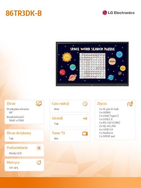 Monitor interaktywny 86 cali 86TR3DK-B 440cd/m2 Monitor interaktywny 86 cali 86TR3DK-B 440cd/m2