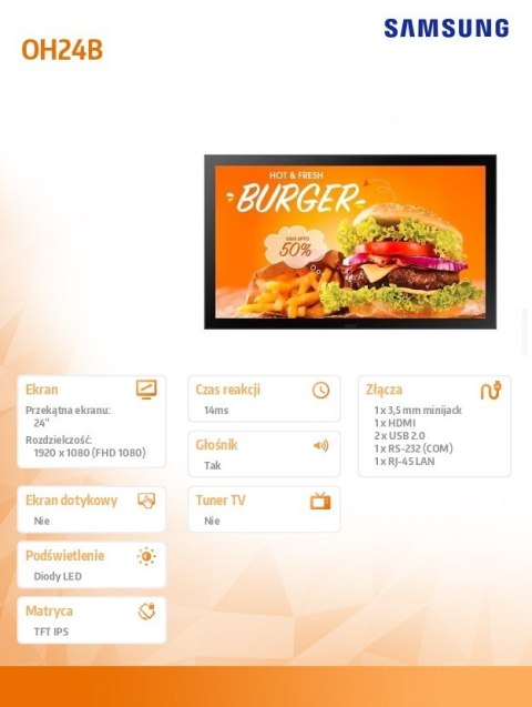 Monitor profesjonalny OH24B 24 cale matowa 24h/7 1500cd/m2 S10 Player (Tizen 6.5) 3 lata d2d (LH24OHBEBGBXEN)