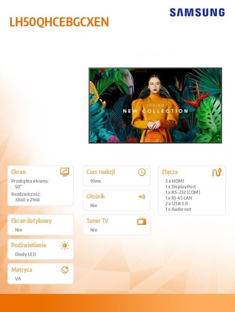 Monitor profesjonalny QH50C 50 cali Matowy 24h/7 700(cd/m2) 3840 x 2160 (UHD) S10 Player (Tizen 7) WiFi/BT 3 lata On-Site (LH50Q Monitor profesjonalny QH50C 50 cali Matowy 24h/7 700(cd/m2) 3840 x 2160 (UHD) S10 Player (Tizen 7) WiFi/BT 3 lata On-Site (LH50Q