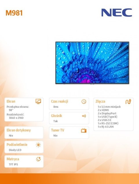 Monitor wielkoformatowy MultiSync M981 98 cali UHD 500cd/m2 24/7 Monitor wielkoformatowy MultiSync M981 98 cali UHD 500cd/m2 24/7
