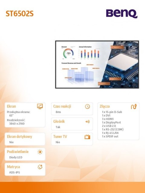 Monitor wielkoformatowy ST6502S 65 cali IPS 4K,ANDROID,18/7,400nit Monitor wielkoformatowy ST6502S 65 cali IPS 4K,ANDROID,18/7,400nit
