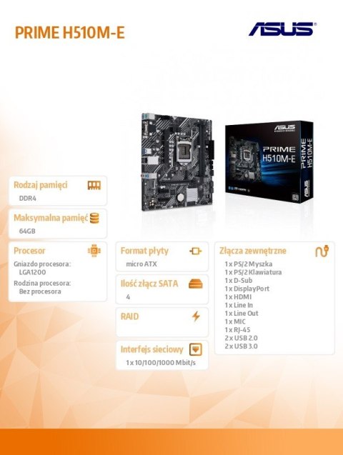 Płyta główna PRIME H510M-E s1200 2DDR4 HDMI/DP M.2 mATX Płyta główna PRIME H510M-E s1200 2DDR4 HDMI/DP M.2 mATX