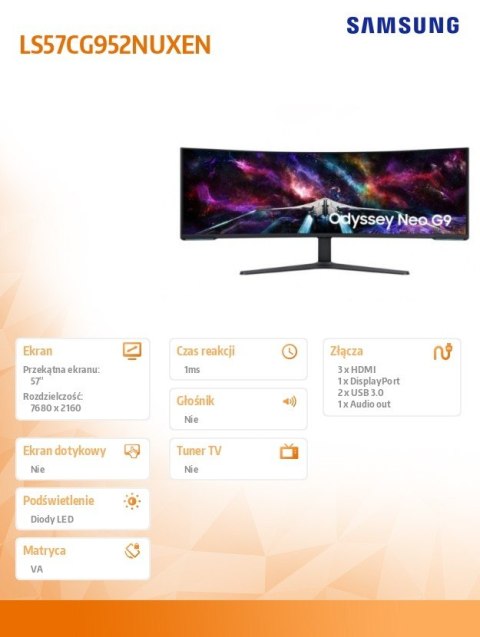 Samsung Monitor 57 cali G95NC VA 7680x2160 DUHD 32:9 3xHDMI 1xDP 2xUSB 3.0 KVM 1ms 240Hz HAS Gaming zakrzywiony 3Yd2d Samsung Monitor 57 cali G95NC VA 7680x2160 DUHD 32:9 3xHDMI 1xDP 2xUSB 3.0 KVM 1ms 240Hz HAS Gaming zakrzywiony 3Yd2d