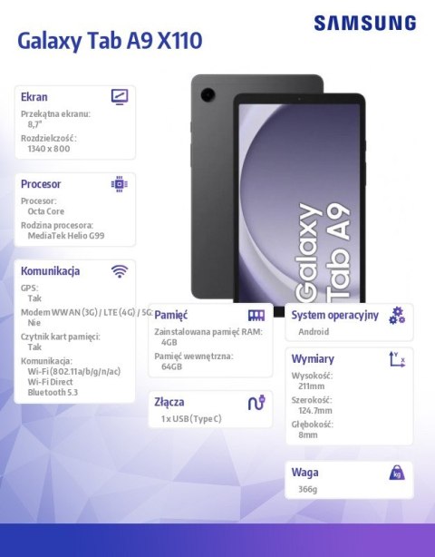 Tablet Galaxy Tab A9 X110 8,7 cala Wifi 4/64GB Szary