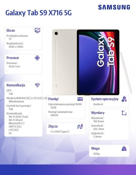 Tablet Galaxy Tab S9 X716 5G 11.0 cali 12/256GB Beżowy Tablet Galaxy Tab S9 X716 5G 11.0 cali 12/256GB Beżowy