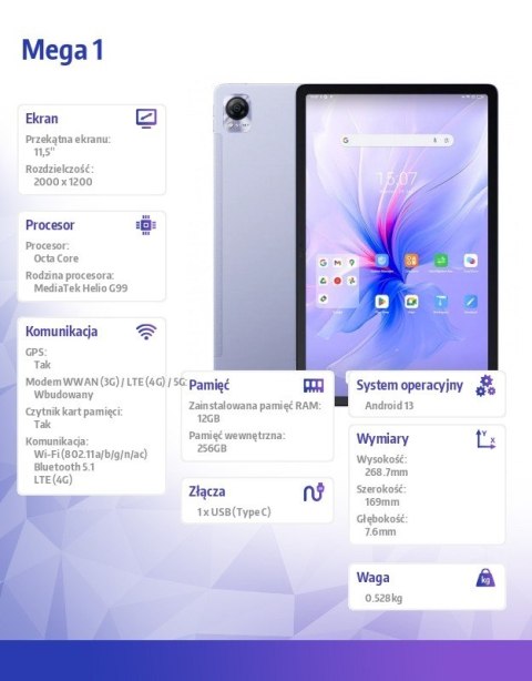 Tablet Mega 1 12/256GB 8800 mAh 11.5 cala purpurowy