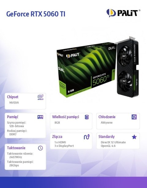 Karta graficzna GeForce RTX 5060 TI DUAL 8GB GDDR7 128bit 3DP/HDMI
