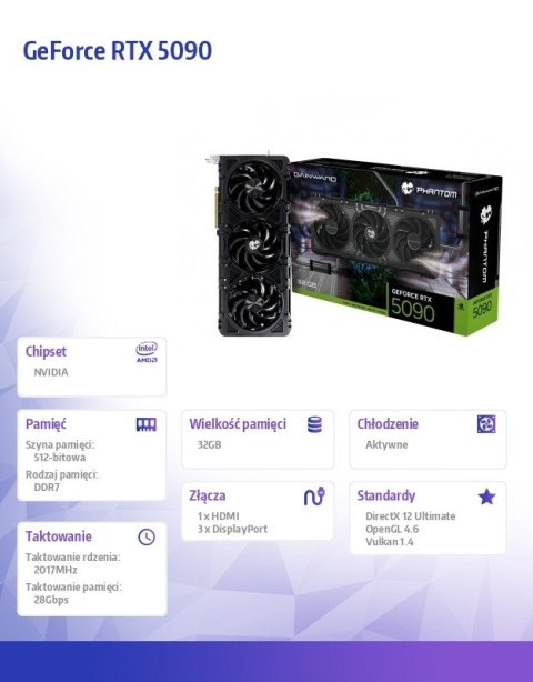 Karta graficzna GeForce RTX 5090 PHANTOM 32GB GDDR7 512bit 3DP/HDMI Karta graficzna GeForce RTX 5090 PHANTOM 32GB GDDR7 512bit 3DP/HDMI