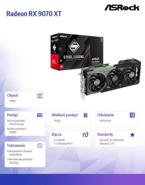 Karta graficzna Radeon RX 9070 XT STEEL LEGEND DARK 16GB GDDR6 256bit 3DP/HDMI Karta graficzna Radeon RX 9070 XT STEEL LEGEND DARK 16GB GDDR6 256bit 3DP/HDMI