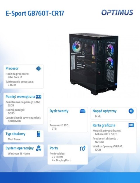 Komputer E-Sport GB760T-CR17 i7-14700F/32GB/2TB/RTX 5070 OC 12GB/W11H Komputer E-Sport GB760T-CR17 i7-14700F/32GB/2TB/RTX 5070 OC 12GB/W11H