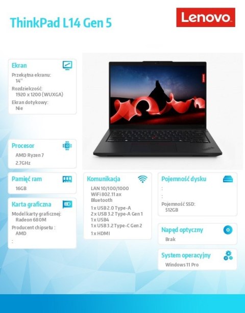 Laptop ThinkPad L14 AMD G5 21L5002MPB W11Pro 7735U/16GB/512GB/INT/14.0 WUXGA/1YR Premier Support + 3YRS OS + Co2 Offset