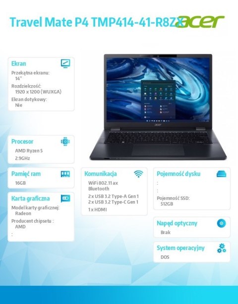 Laptop Travel Mate P4 TMP414-41-R8ZX R5 PRO 6650U/14.0 WUXGA (1920x1200) IPS/16GB/512GB SSD/DOS Laptop Travel Mate P4 TMP414-41-R8ZX R5 PRO 6650U/14.0 WUXGA (1920x1200) IPS/16GB/512GB SSD/DOS