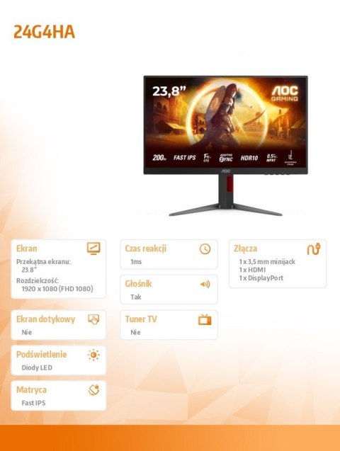 Monitor 24G4HA 23.8 cala Fast IPS 200Hz HDMIx2 DP Pivot Głośniki Monitor 24G4HA 23.8 cala Fast IPS 200Hz HDMIx2 DP Pivot Głośniki