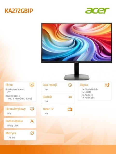 Monitor 27 cali KA272GBIP FHD IPS HDMI DP 120Hz