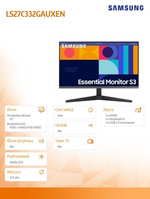 Monitor 27 cali LS27C332GAUXEN IPS 1920x1080 FHD 16:9 1xHDMI 1xDP 4ms(GT) 100Hz płaski 2 lata d2d Monitor 27 cali LS27C332GAUXEN IPS 1920x1080 FHD 16:9 1xHDMI 1xDP 4ms(GT) 100Hz płaski 2 lata d2d