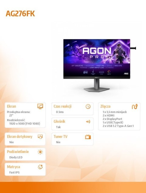 Monitor AG276FK 27 cali 520Hz Fast IPS HDMIx2 DPx2 Monitor AG276FK 27 cali 520Hz Fast IPS HDMIx2 DPx2