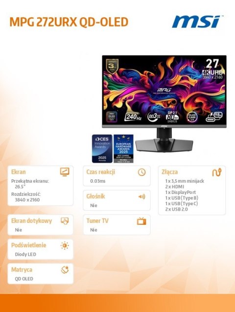 Monitor MPG 272URX QD-OLED LED/UHD/FLAT/240Hz/26.5cala/Black