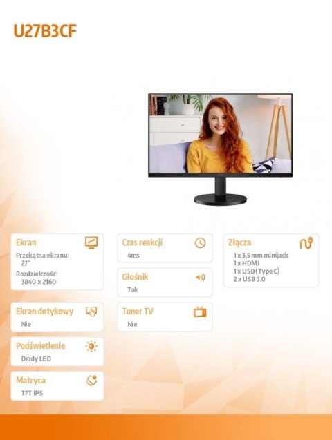 Monitor U27B3CF 27 cali IPS 4K HDMI USB-C HAS Głośniki Monitor U27B3CF 27 cali IPS 4K HDMI USB-C HAS Głośniki