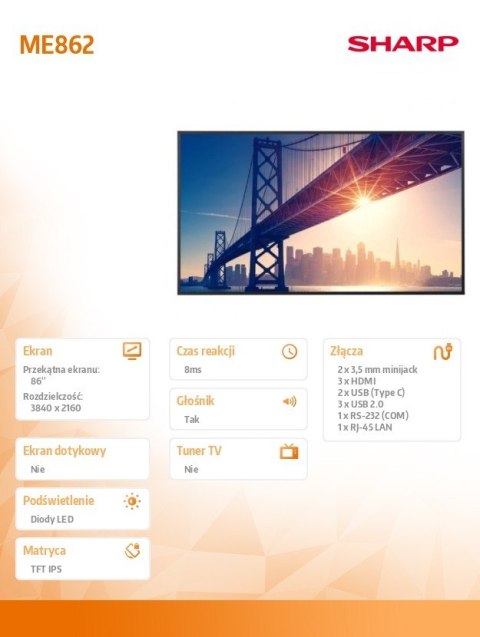 Monitor wielkoformatowy ME862 86 cali UHD 450cd/m2 18/7