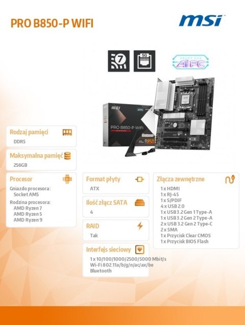 Płyta główna PRO B850-P WIFI AM5 4DD R5 ATX
